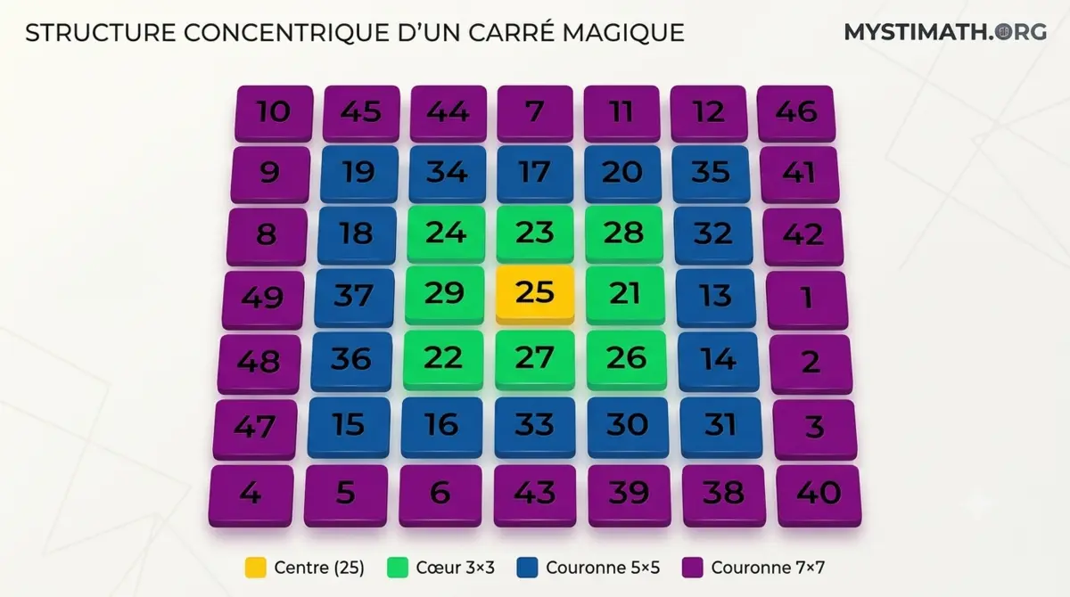 Carré magique concentrique montrant des couches 3x3, 5x5 et 7x7.
