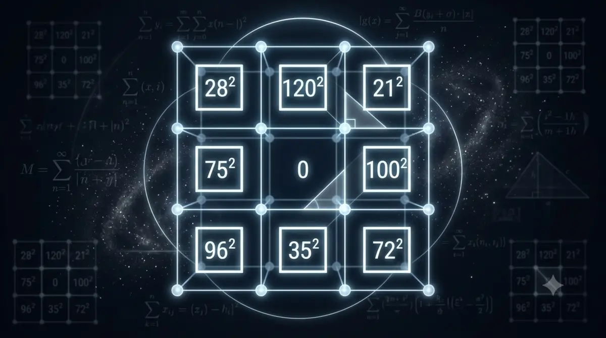 Carré semi-magique 3x3 avec centre zéro, construit à partir de carrés parfaits et de relations pythagoriciennes.