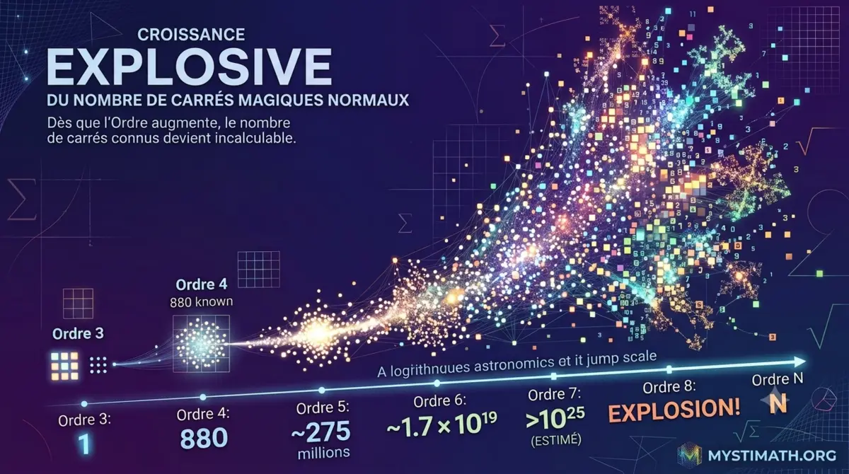Visualisation abstraite de nombreux carrés magiques normaux classés par ordre.