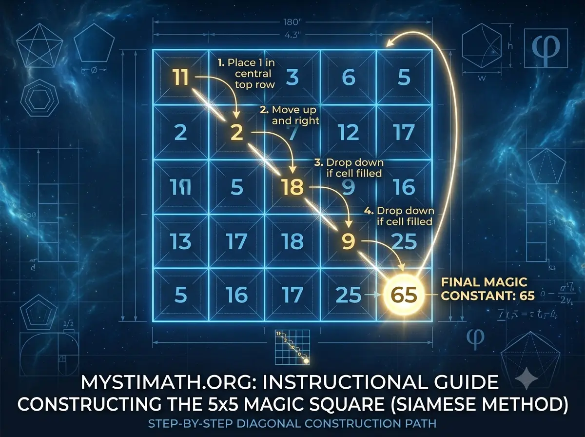 Visualisation de la méthode siamoise pour construire un carré magique d'ordre impair, avec un chemin diagonal de nombres.