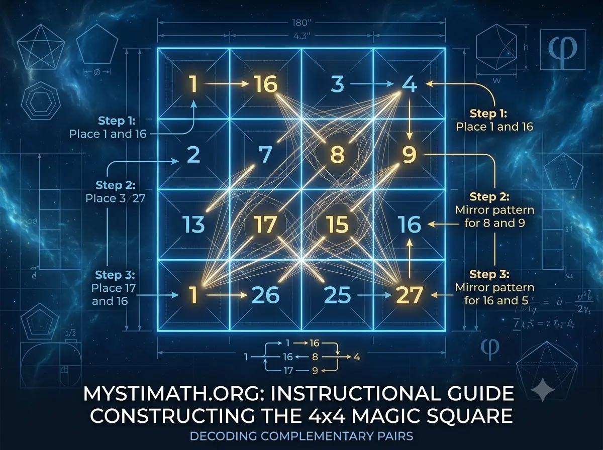 Instruction visuelle pour la construction d'un carré magique d'ordre 4 avec des motifs de nombres complémentaires.