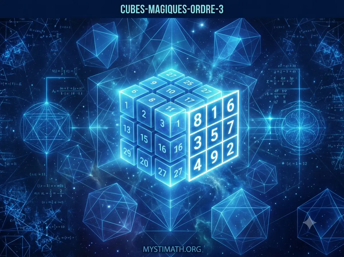Cube magique 3D d'ordre 3 en cristal bleu, décomposé en quatre configurations autour du nombre 42.