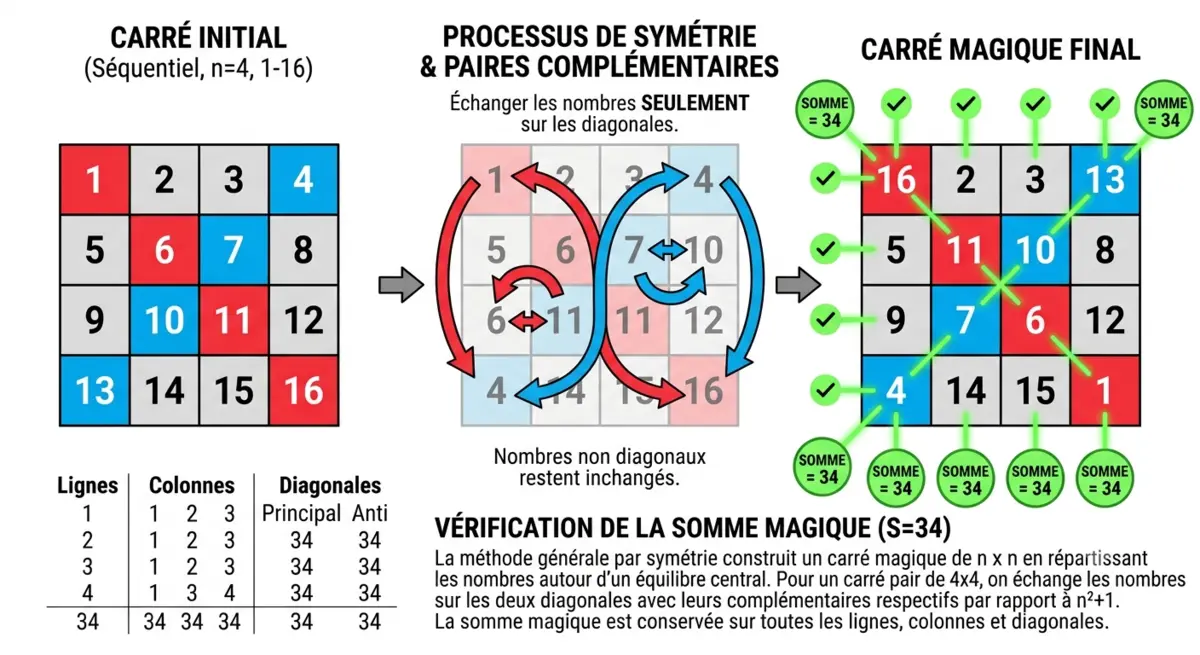 Carré magique construit par symétrie avec diagonales colorées, paires complémentaires et sommes vérifiées.