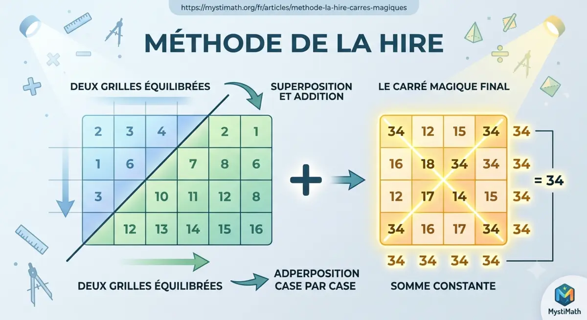 Deux grilles superposées formant un carré magique par la méthode de La Hire