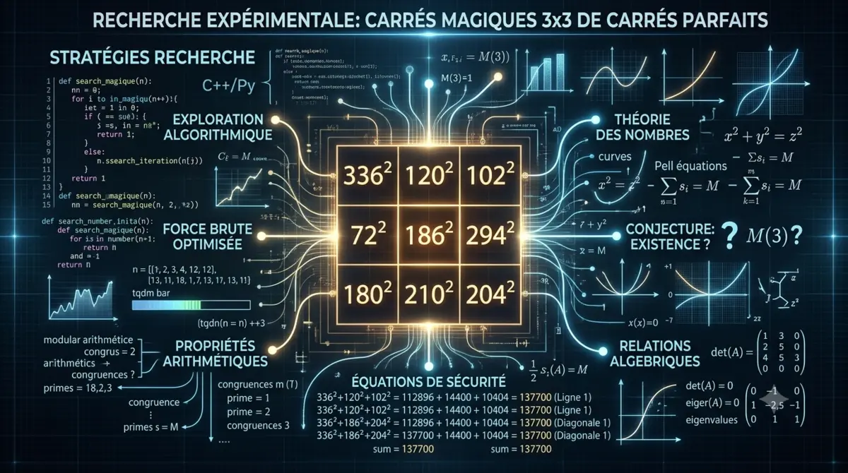 Grille 3x3 lumineuse entourée de calculs et de branches de recherche mathématique.