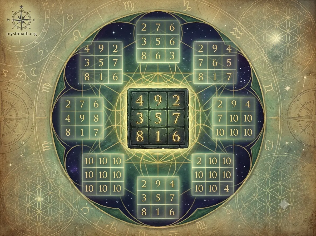Mandalas géométriques autour du carré Lo Shu, montrant ses rotations, symétries et compléments.