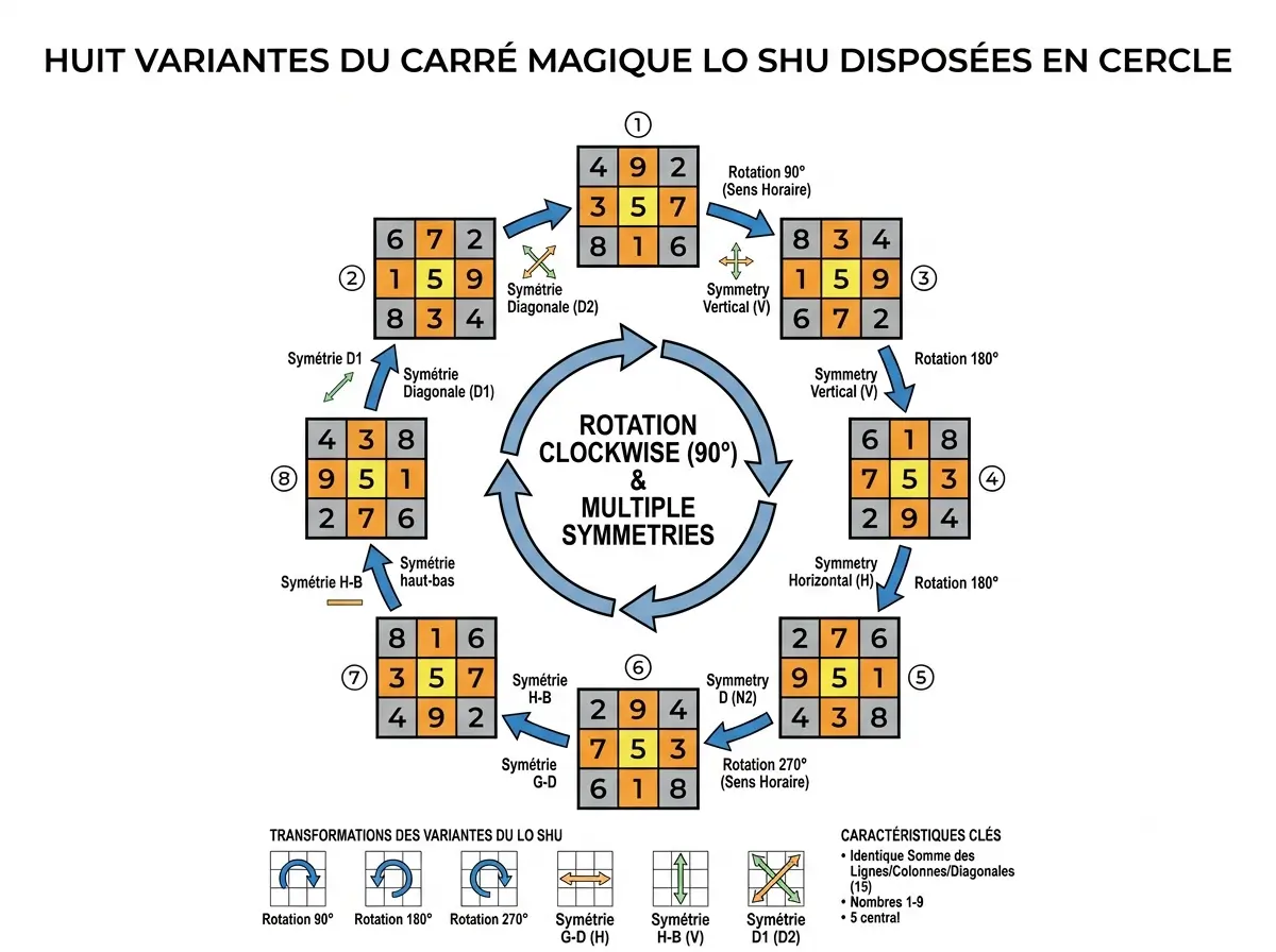 Huit variantes du carré magique Lo Shu disposées en cercle avec rotations, symétries et flèches de transformation.