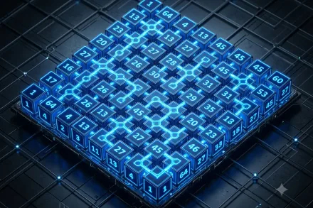 Gros plan symétrique d'une grille magique d'ordre 8 en bleu.