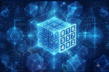 Cube magique et carré numérique lumineux dans un univers géométrique bleu.