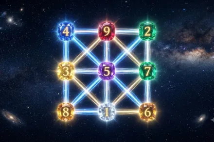 Carré Lo Shu 3x3 en pierres précieuses lumineuses avec des faisceaux de lumière.