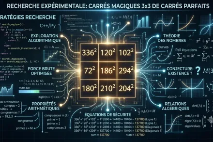 Carré magique 3x3 entouré de branches de calcul expérimental.