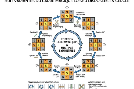 Miniature montrant plusieurs variantes du carré Lo Shu par rotation et symétrie.